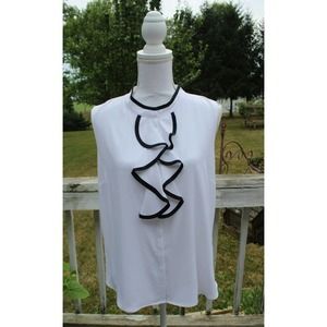 LADIES CALVIN KLEIN WHITE & BLACK TRIM, S.SLEEVE BUTTON DOWN BLOUSE, RUFFLES PXL